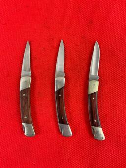 3 pcs Buck 2.5" Steel Folding Blade Pocket Knives Model 501 Squire w/ 2 Sheathes. See pics.