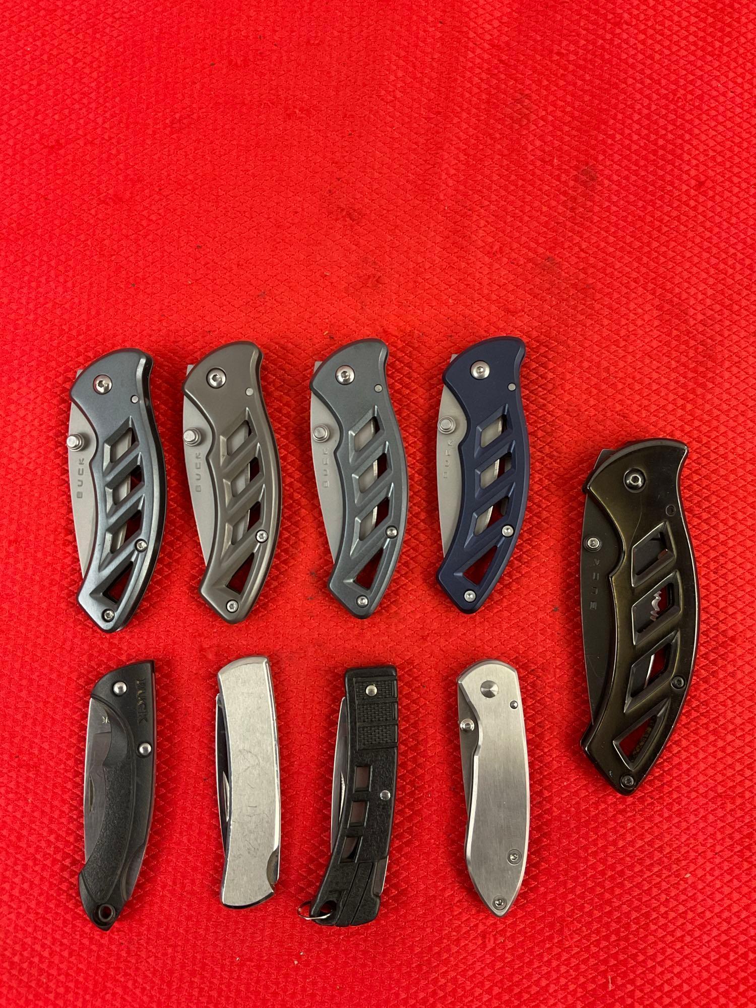 10 pcs Modern Buck Pocket Knife Assortment. Models 135, 283, 316, 318, 325, 425, 526. See pics.