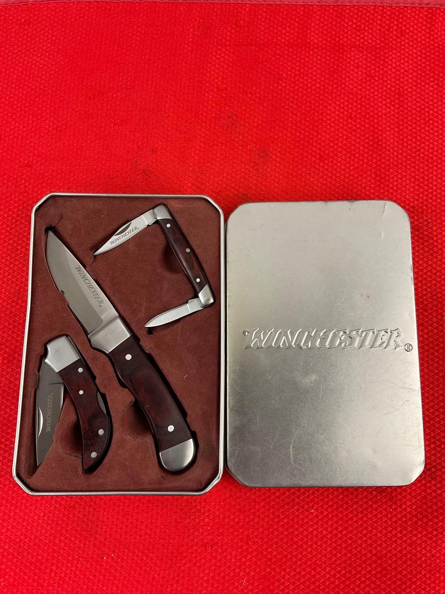 5 pcs Modern Winchester Knife Assortment. 3 Blade Gift Set in Tin. 2x Folding Stockman Knives NIB.