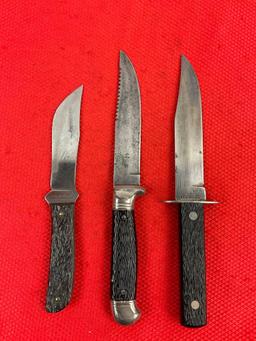 3 pcs Vintage Imperial Steel Fixed Blade Hunting Knives & 2 Leather Sheathes. 1x Bone Handle, 2x