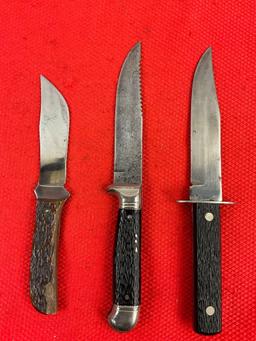 3 pcs Vintage Imperial Steel Fixed Blade Hunting Knives & 2 Leather Sheathes. 1x Bone Handle, 2x