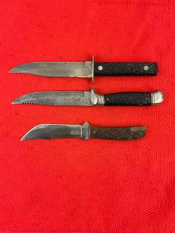 3 pcs Vintage Imperial Steel Fixed Blade Hunting Knives & 2 Leather Sheathes. 1x Bone Handle, 2x