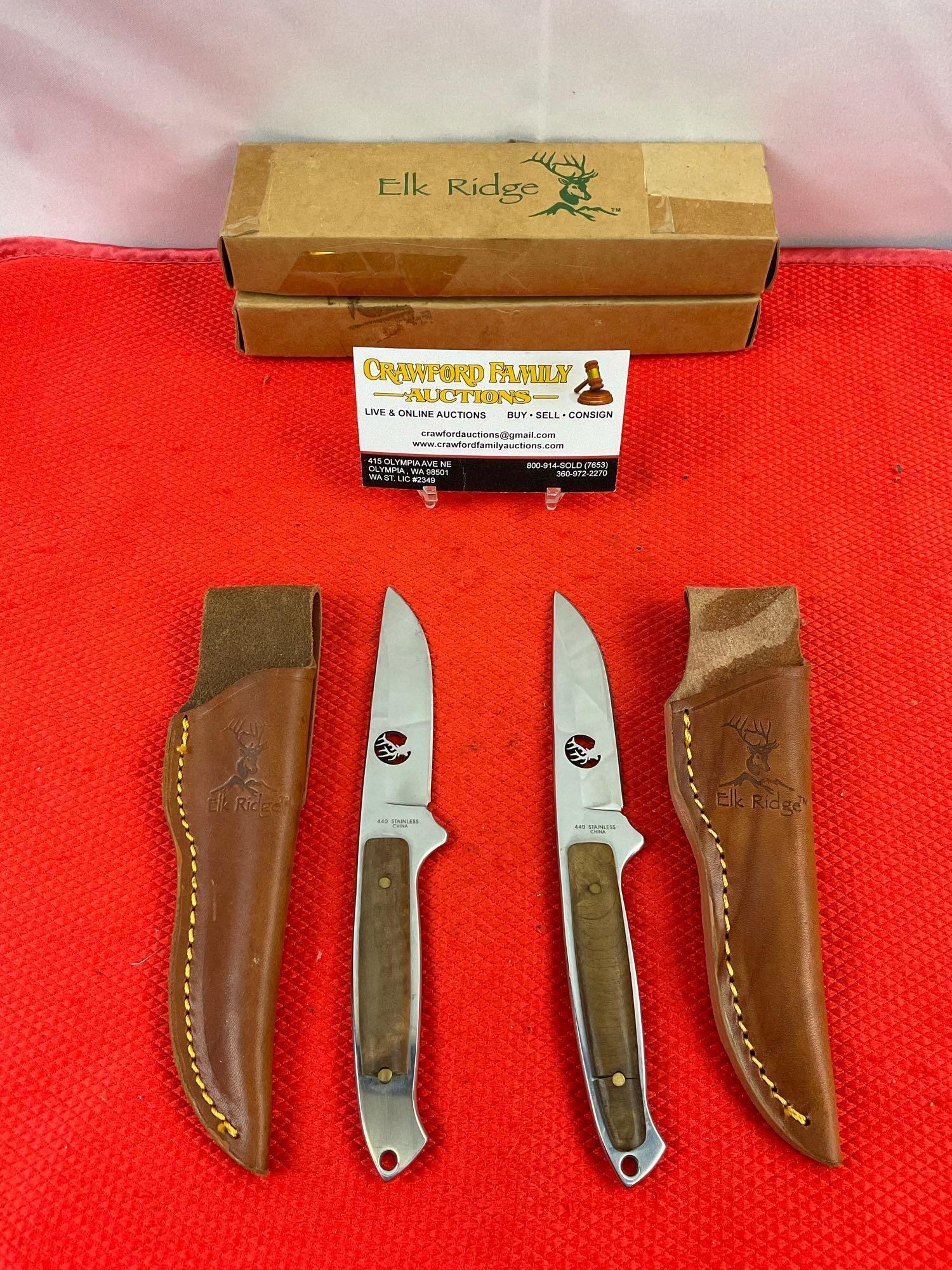 Pair of Elk Ridge 440 Stainless Steel 3" Fixed Blade Hunting Knives w/ Sheathes Model ER-048. See
