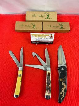 3 pcs Elk Ridge 440 Stainless Steel Folding Blade Pocket Knives Models ER220Y, ER0891, ER080D. NIB.