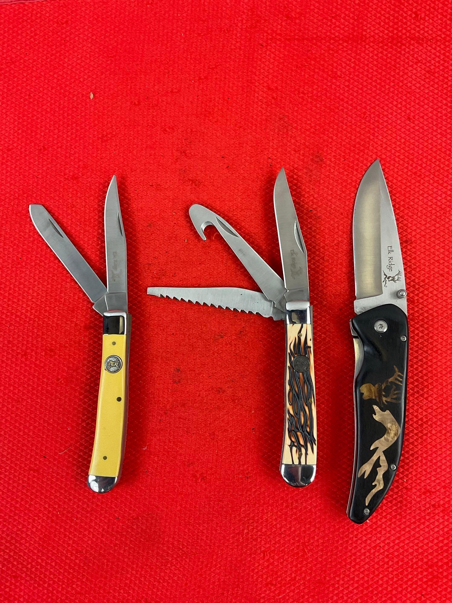 3 pcs Elk Ridge 440 Stainless Steel Folding Blade Pocket Knives Models ER220Y, ER0891, ER080D. NIB.