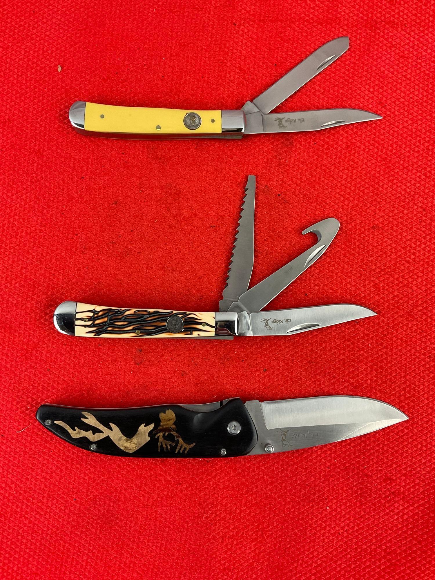 3 pcs Elk Ridge 440 Stainless Steel Folding Blade Pocket Knives Models ER220Y, ER0891, ER080D. NIB.