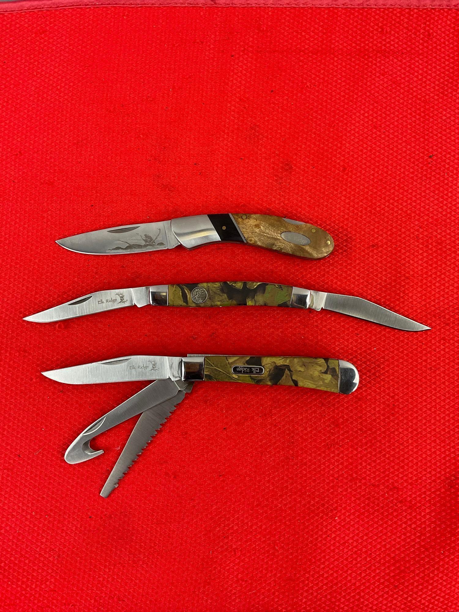 3 pcs Elk Ridge 440 Stainless Steel Folding Blade Pocket Knives Models ER-072E, ER-089C. NIB. See