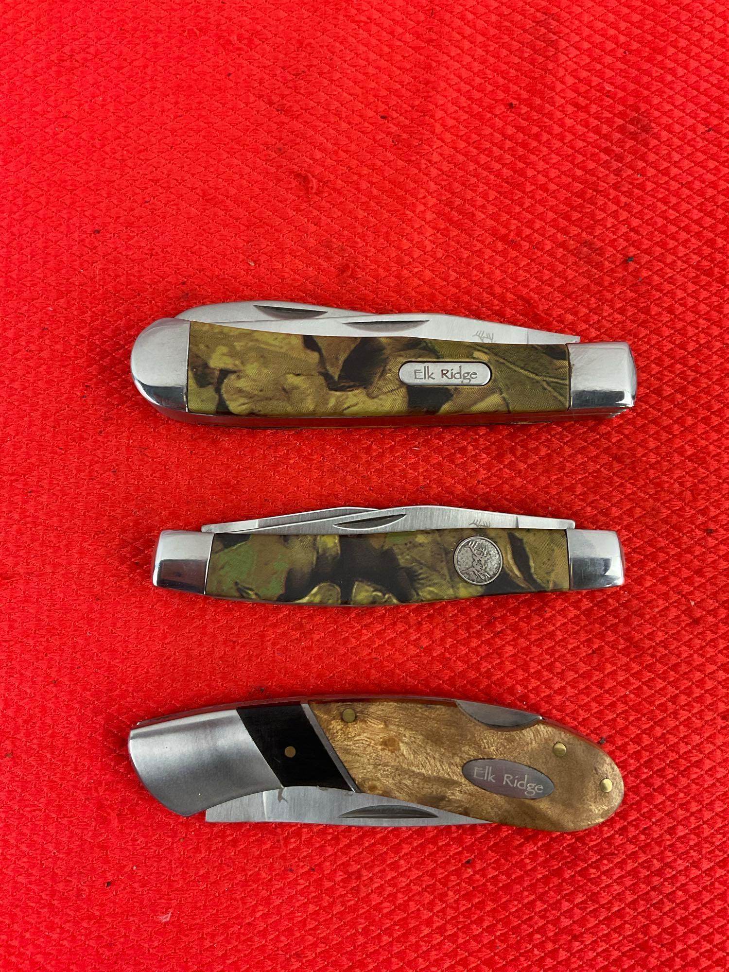 3 pcs Elk Ridge 440 Stainless Steel Folding Blade Pocket Knives Models ER-072E, ER-089C. NIB. See