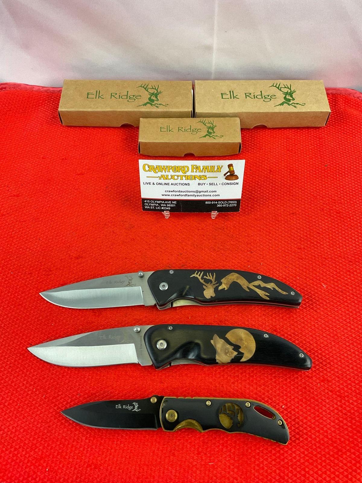 3 pcs Elk Ridge 440 Steel Folding Blade Pocket Knives Models ER-080D, ER-080W, ER-134. NIB. See