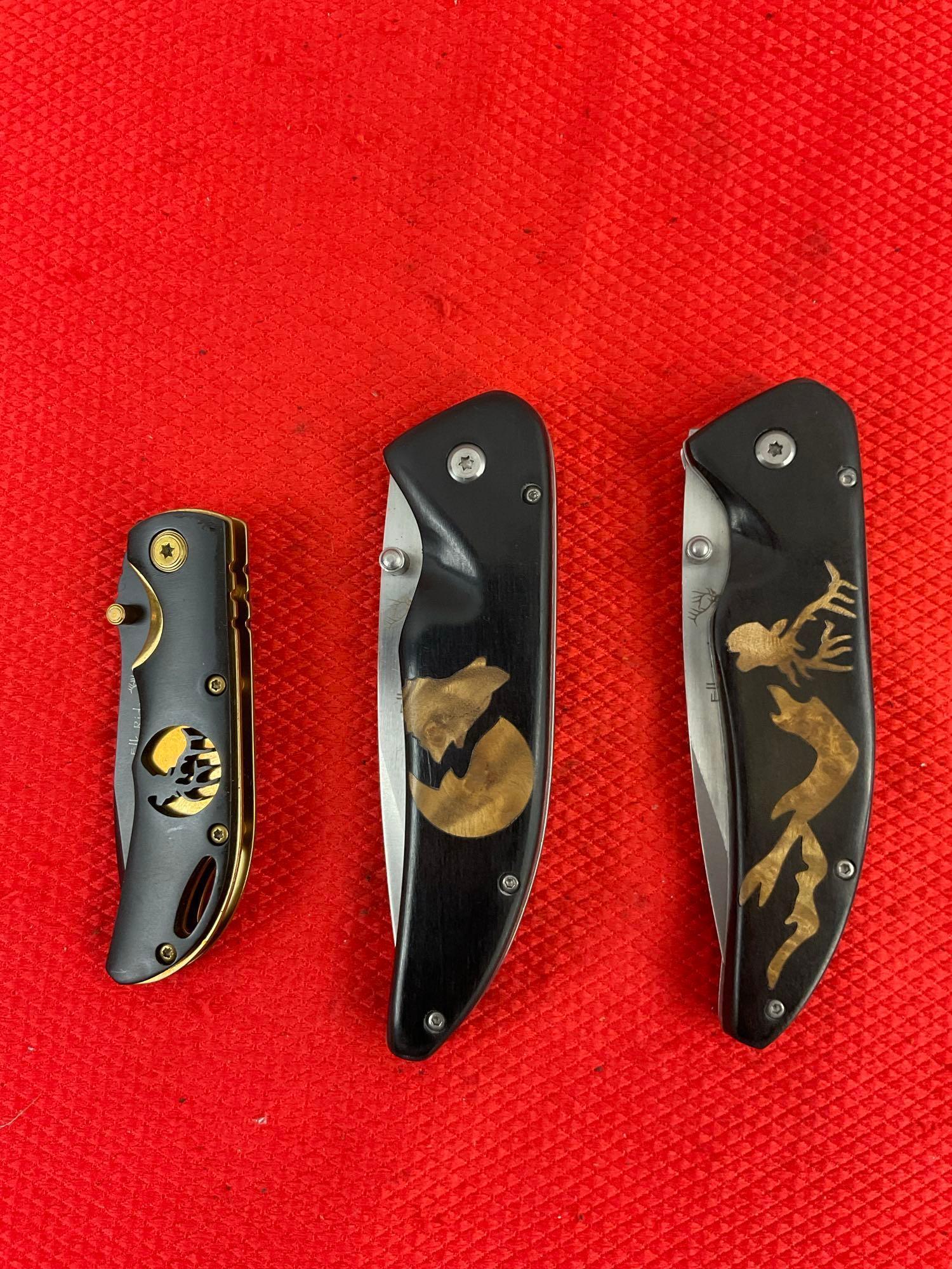 3 pcs Elk Ridge 440 Steel Folding Blade Pocket Knives Models ER-080D, ER-080W, ER-134. NIB. See