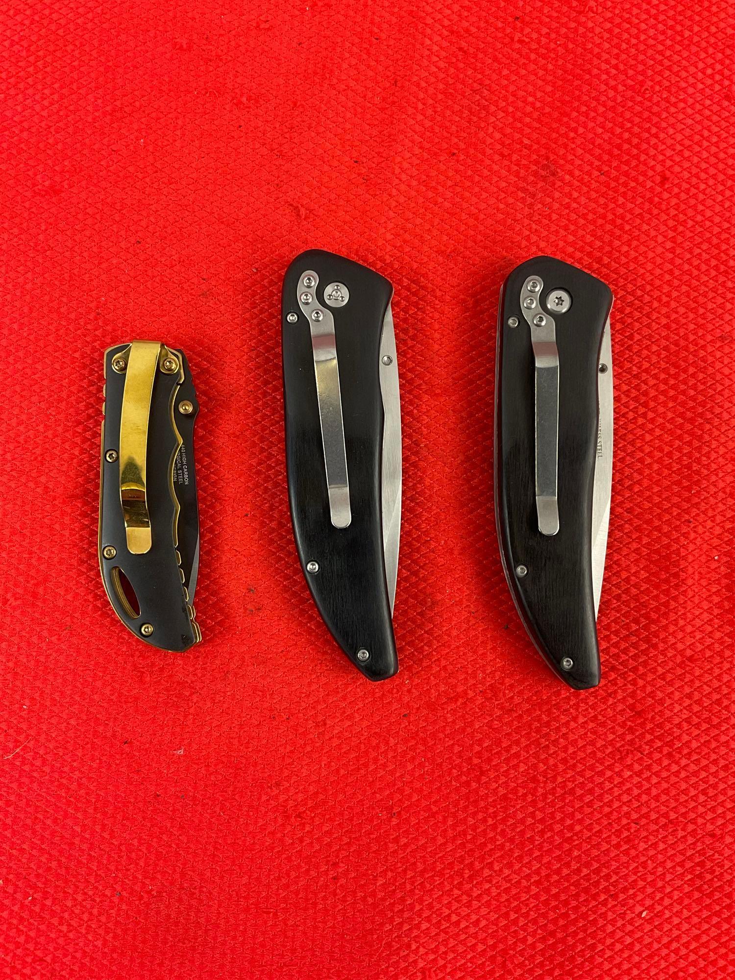 3 pcs Elk Ridge 440 Steel Folding Blade Pocket Knives Models ER-080D, ER-080W, ER-134. NIB. See