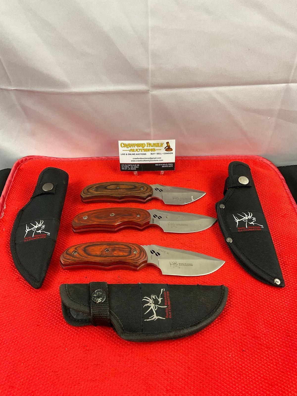 3 pcs Buck Steel Fixed Blade Hunting Skinning Knives Model 480 Rocky Mtn Elk Foundation. See pics.