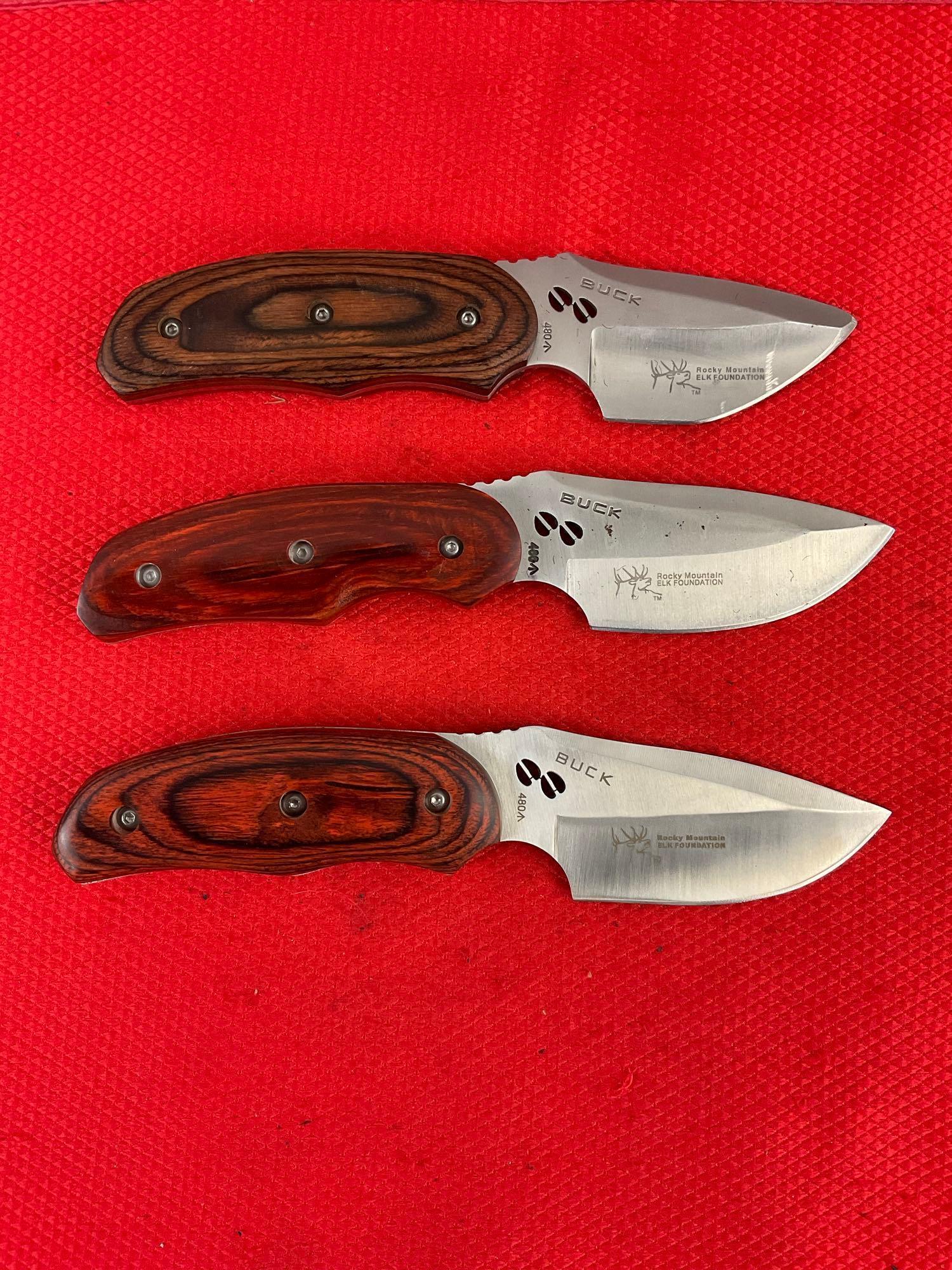 3 pcs Buck Steel Fixed Blade Hunting Skinning Knives Model 480 Rocky Mtn Elk Foundation. See pics.