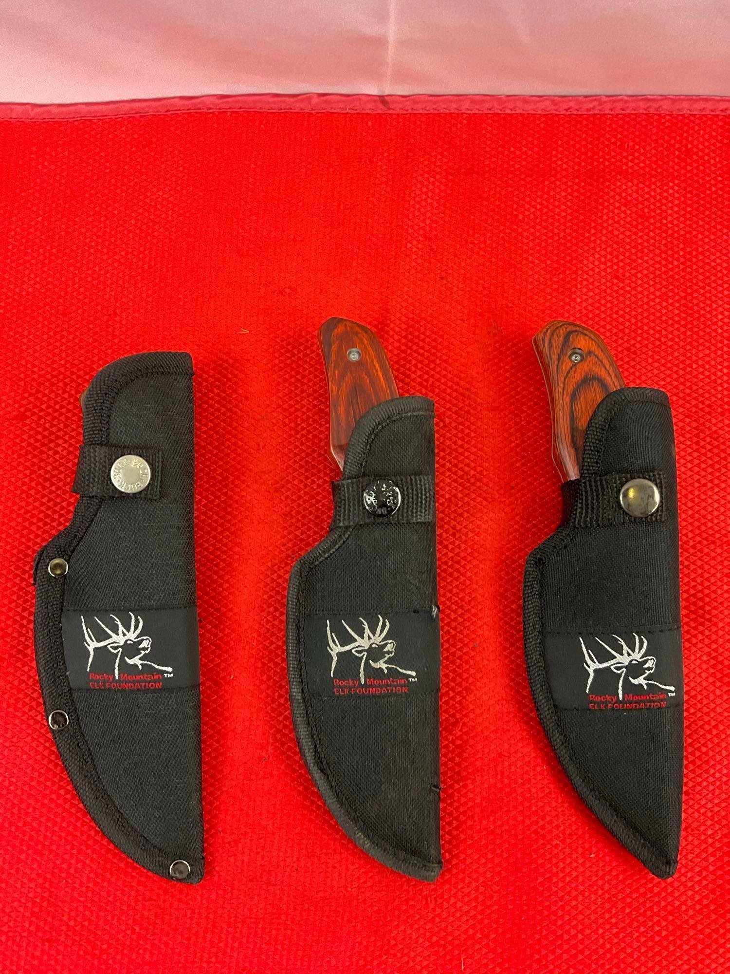 3 pcs Buck Steel Fixed Blade Hunting Skinning Knives Model 480 Rocky Mtn Elk Foundation. See pics.