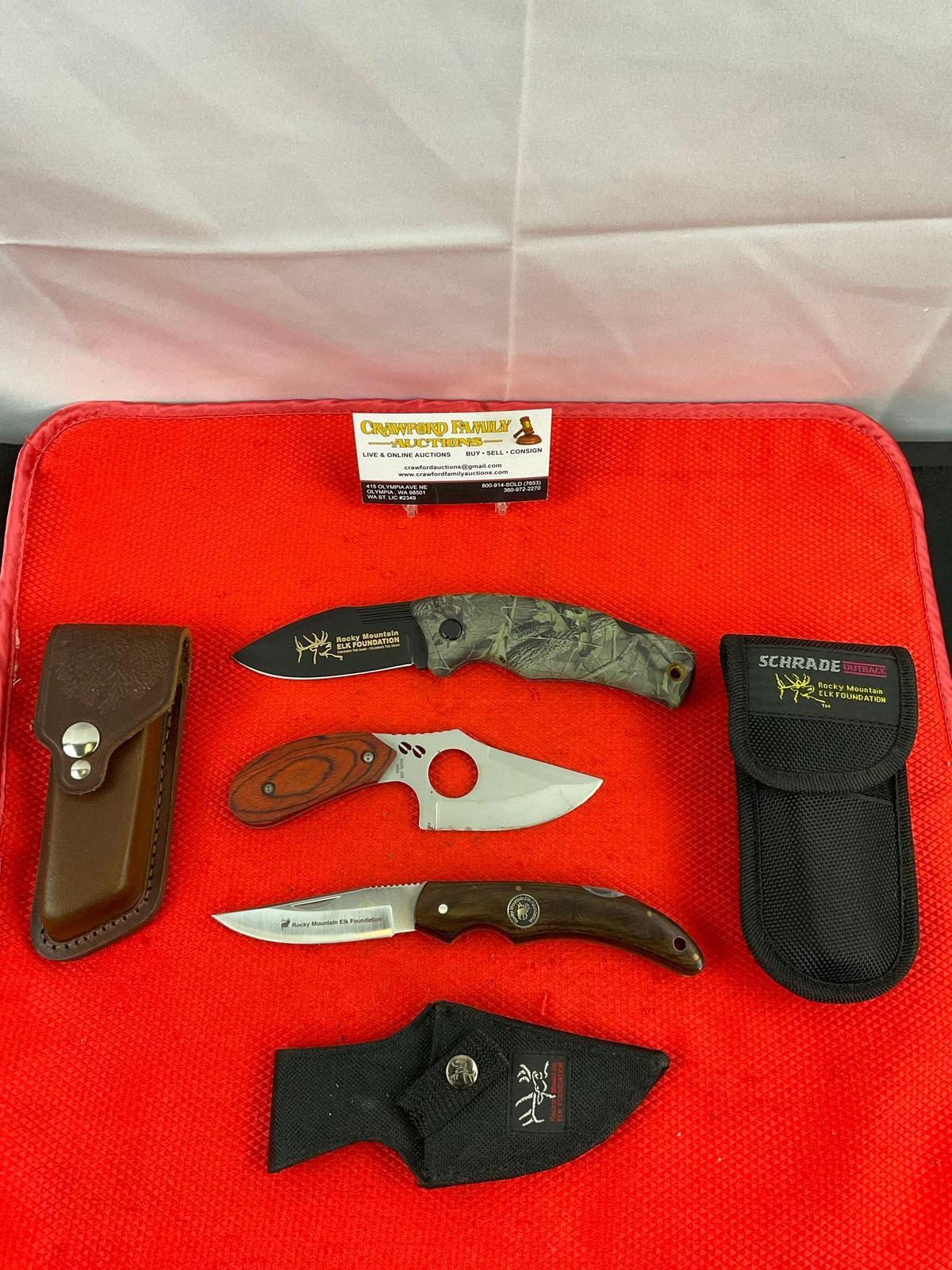 3 pcs Modern Steel Hunting Knife w/ Sheath Assortment. 1x Browning, 1x Schrade. RMEF. See pics.