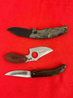 3 pcs Modern Steel Hunting Knife w/ Sheath Assortment. 1x Browning, 1x Schrade. RMEF. See pics.