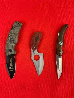 3 pcs Modern Steel Hunting Knife w/ Sheath Assortment. 1x Browning, 1x Schrade. RMEF. See pics.