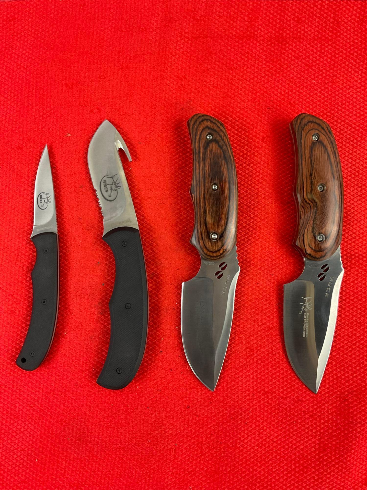 4 pcs Modern Steel Fixed Blade Hunting Knives in Sheathes. 2x Buck 480, 2x Browning. RMEF. See pi...