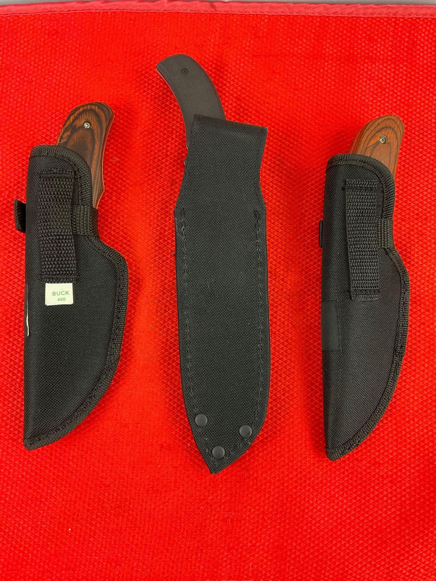 4 pcs Modern Steel Fixed Blade Hunting Knives in Sheathes. 2x Buck 480, 2x Browning. RMEF. See pi...