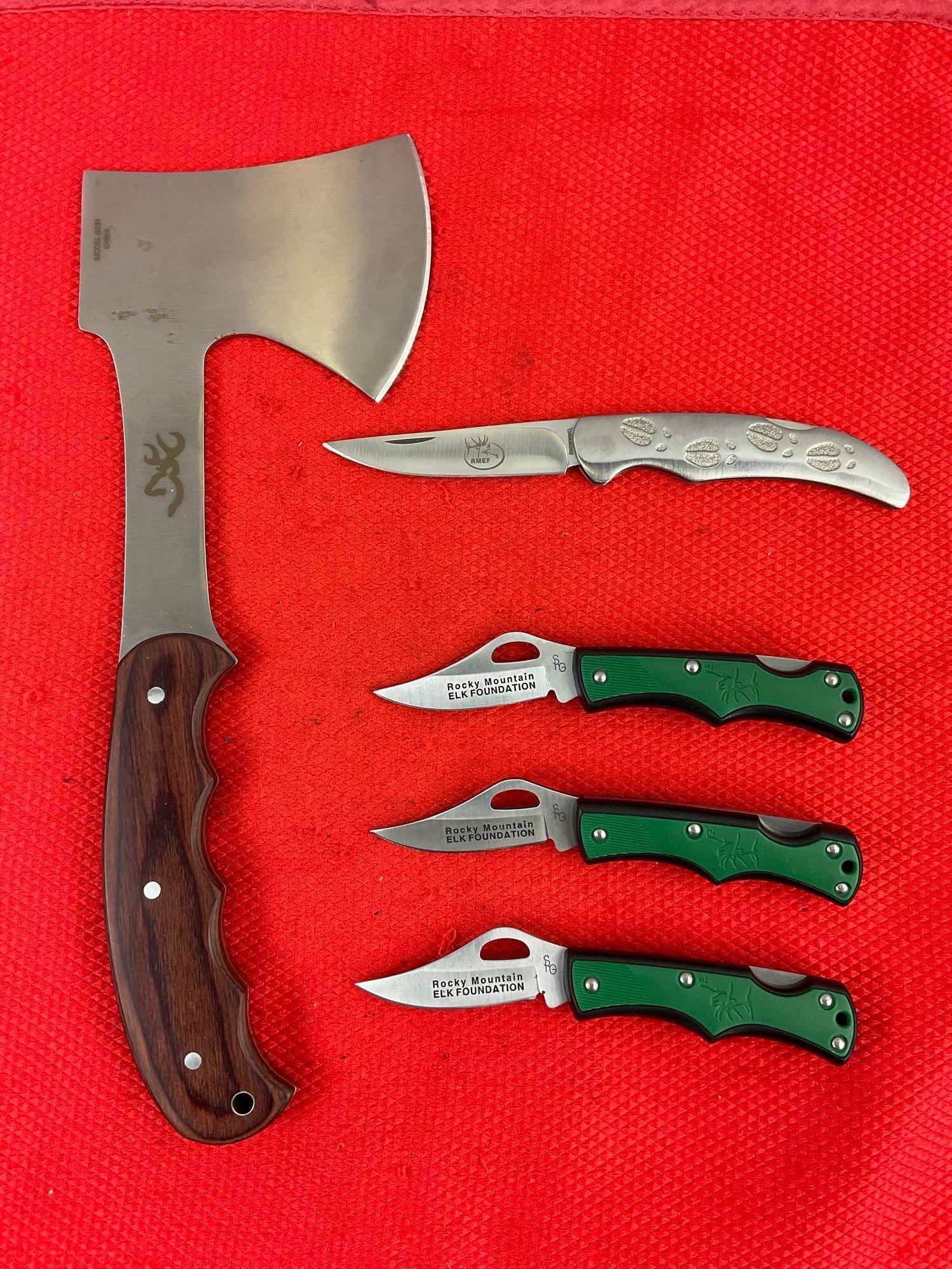 5 pcs RMEF Camping Hand Tools Assortment. Browning Models 0031 & 536. 3x SRG Pocket Knives. See