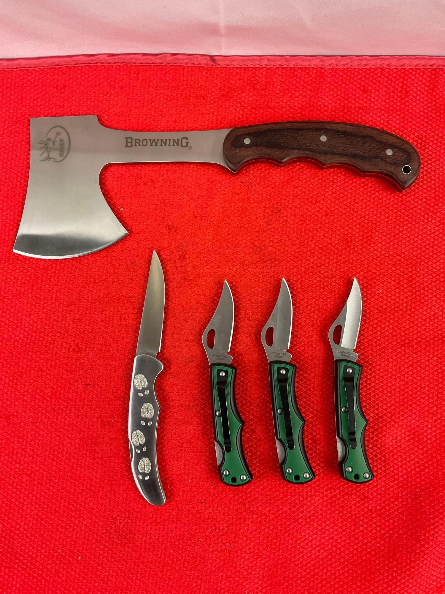 5 pcs RMEF Camping Hand Tools Assortment. Browning Models 0031 & 536. 3x SRG Pocket Knives. See