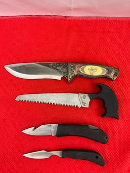 4 pcs Maxam Hunting Knife Assortment. 1x Model SKELKBX, NIB. 1x 3-Piece Set in Nylon Sheath. See