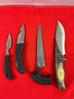 4 pcs Maxam Hunting Knife Assortment. 1x Model SKELKBX, NIB. 1x 3-Piece Set in Nylon Sheath. See