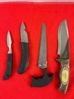4 pcs Maxam Hunting Knife Assortment. 1x Model SKELKBX, NIB. 1x 3-Piece Set in Nylon Sheath. See