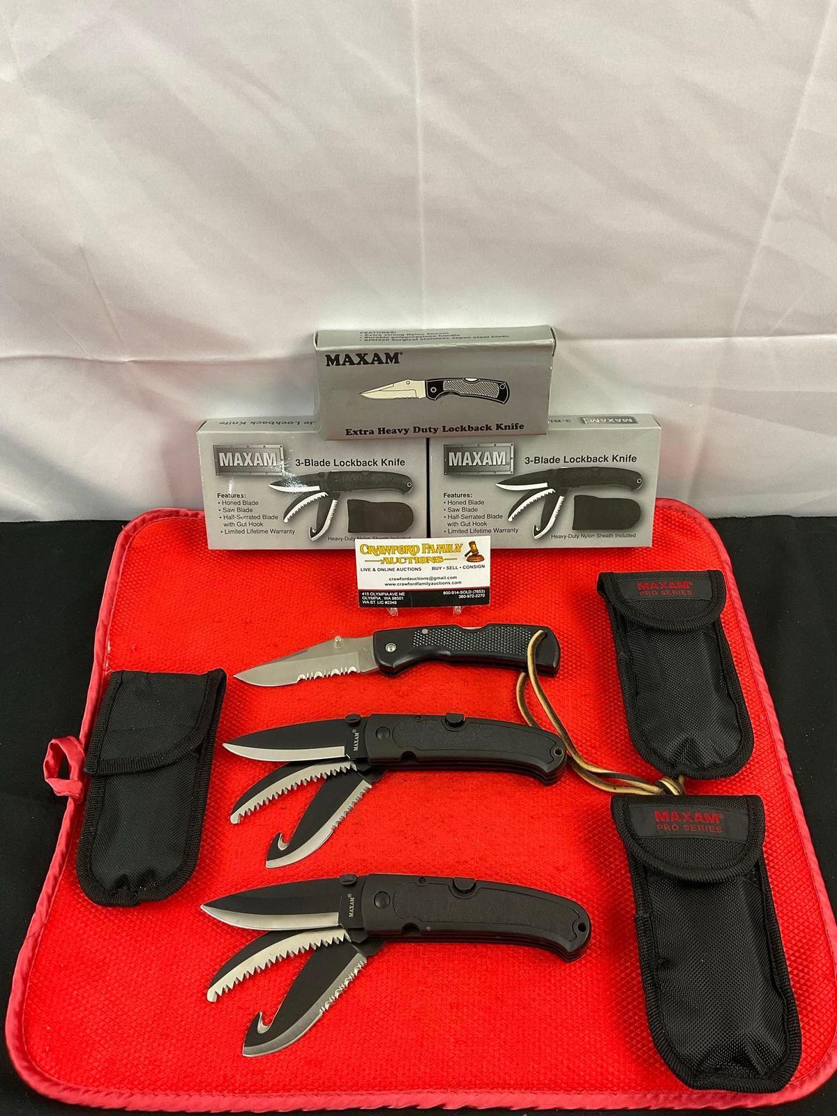 3 pcs Maxam Steel Folding Blade Hunting Knives w/ Sheathes Models SKMX102, 2x SK383. NIB. See pics.