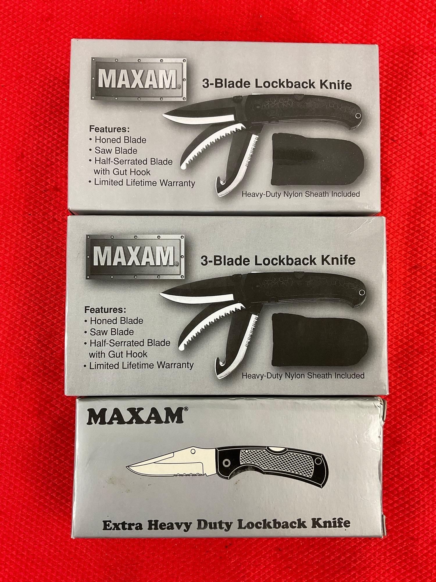 3 pcs Maxam Steel Folding Blade Hunting Knives w/ Sheathes Models SKMX102, 2x SK383. NIB. See pics.