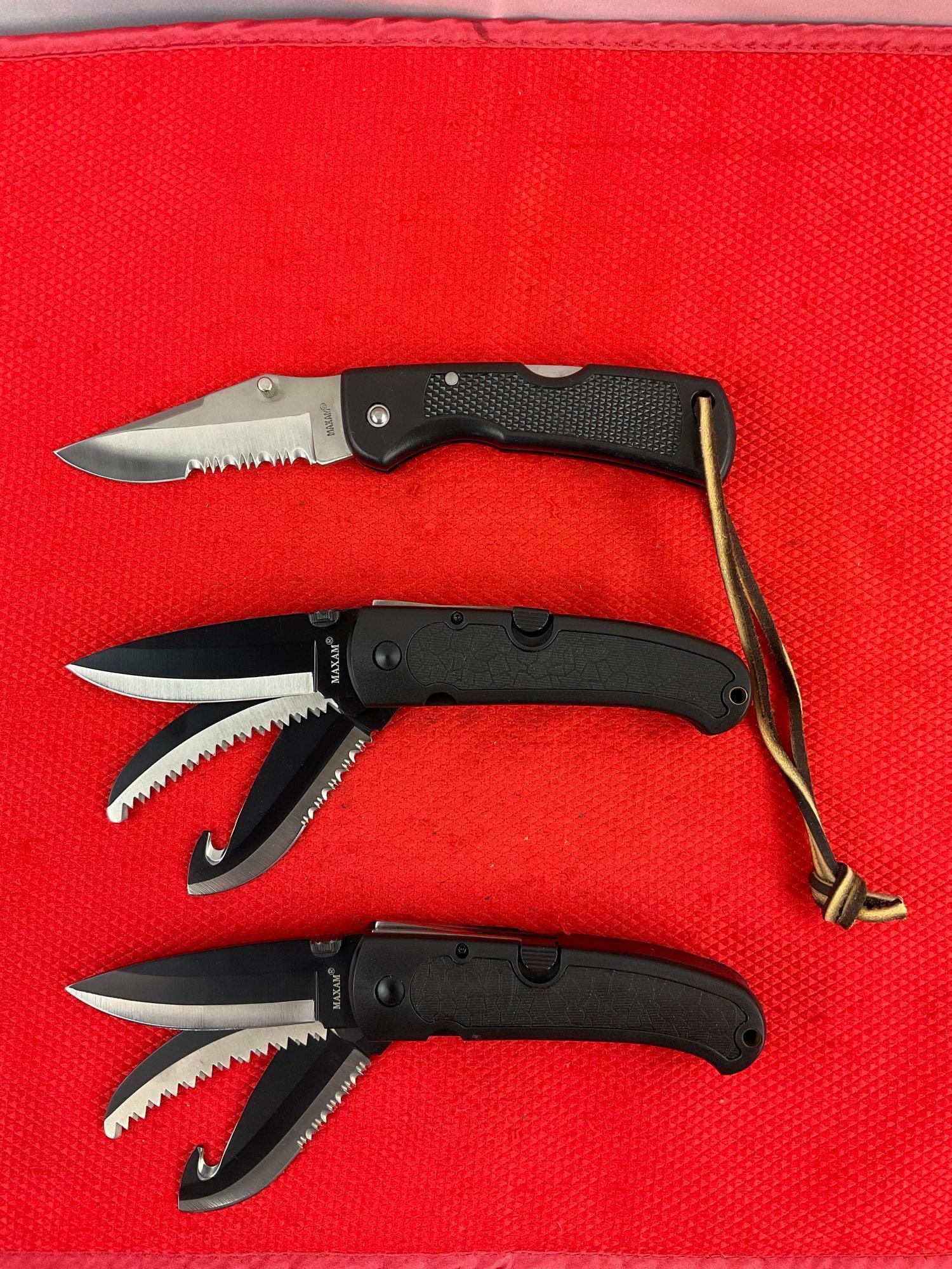 3 pcs Maxam Steel Folding Blade Hunting Knives w/ Sheathes Models SKMX102, 2x SK383. NIB. See pics.