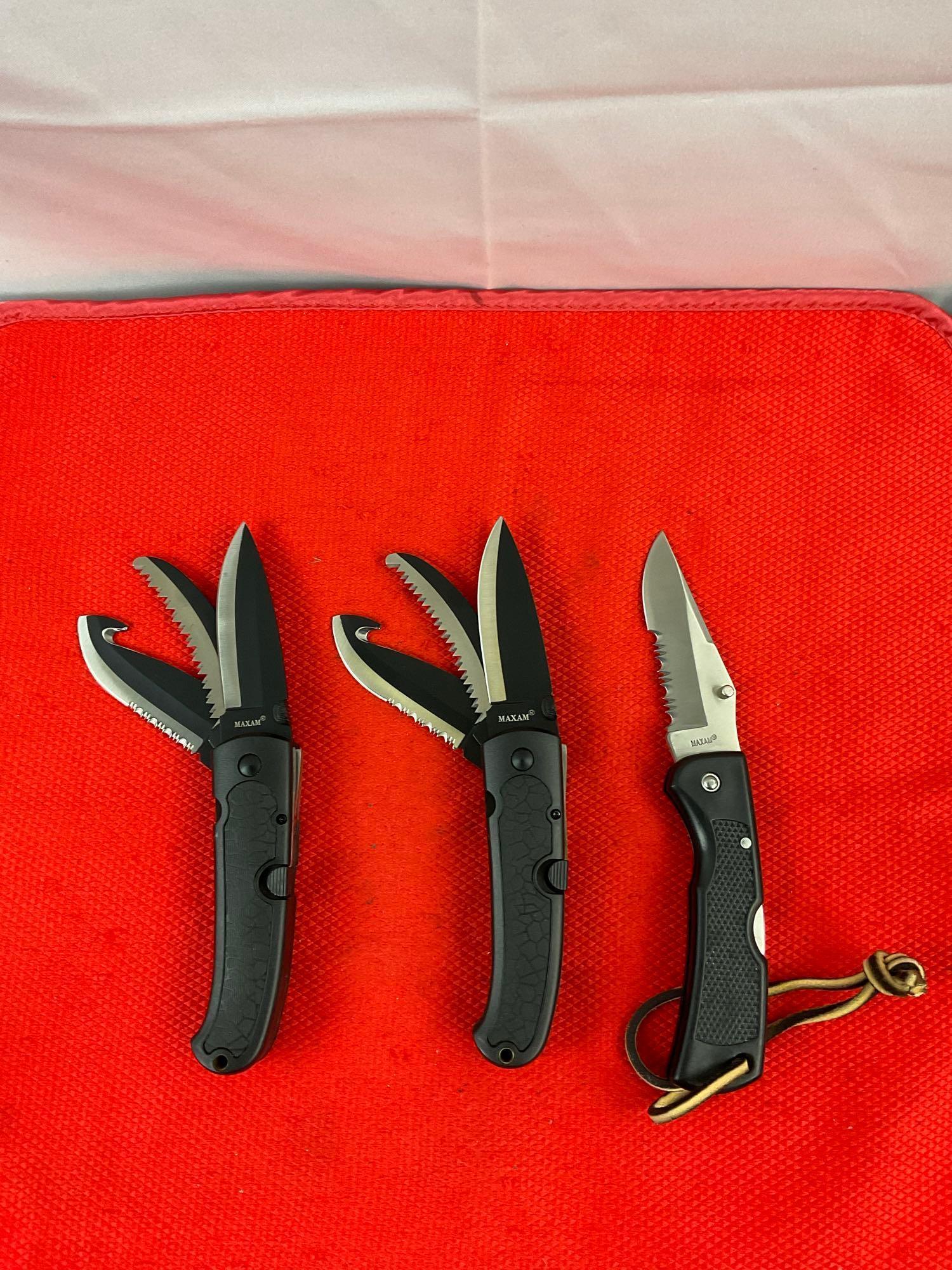 3 pcs Maxam Steel Folding Blade Hunting Knives w/ Sheathes Models SKMX102, 2x SK383. NIB. See pics.