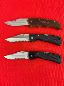 3 pcs Vintage Maxam Steel Folding Blade Hunting Knives Models 2x SKMX102 & 1x Nighthawk V. See pi...
