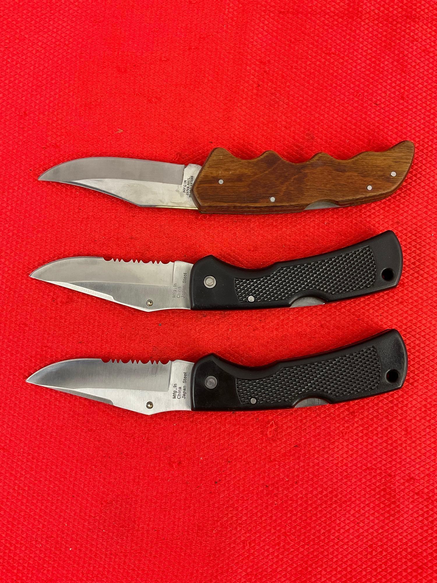 3 pcs Vintage Maxam Steel Folding Blade Hunting Knives Models 2x SKMX102 & 1x Nighthawk V. See pi...