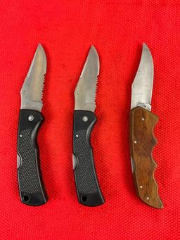 3 pcs Vintage Maxam Steel Folding Blade Hunting Knives Models 2x SKMX102 & 1x Nighthawk V. See pi...
