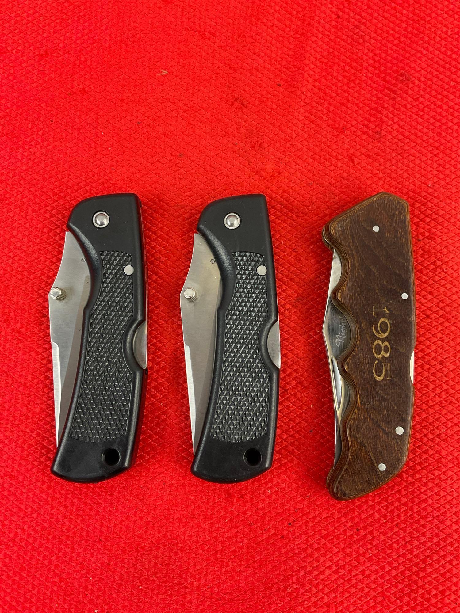 3 pcs Vintage Maxam Steel Folding Blade Hunting Knives Models 2x SKMX102 & 1x Nighthawk V. See pi...