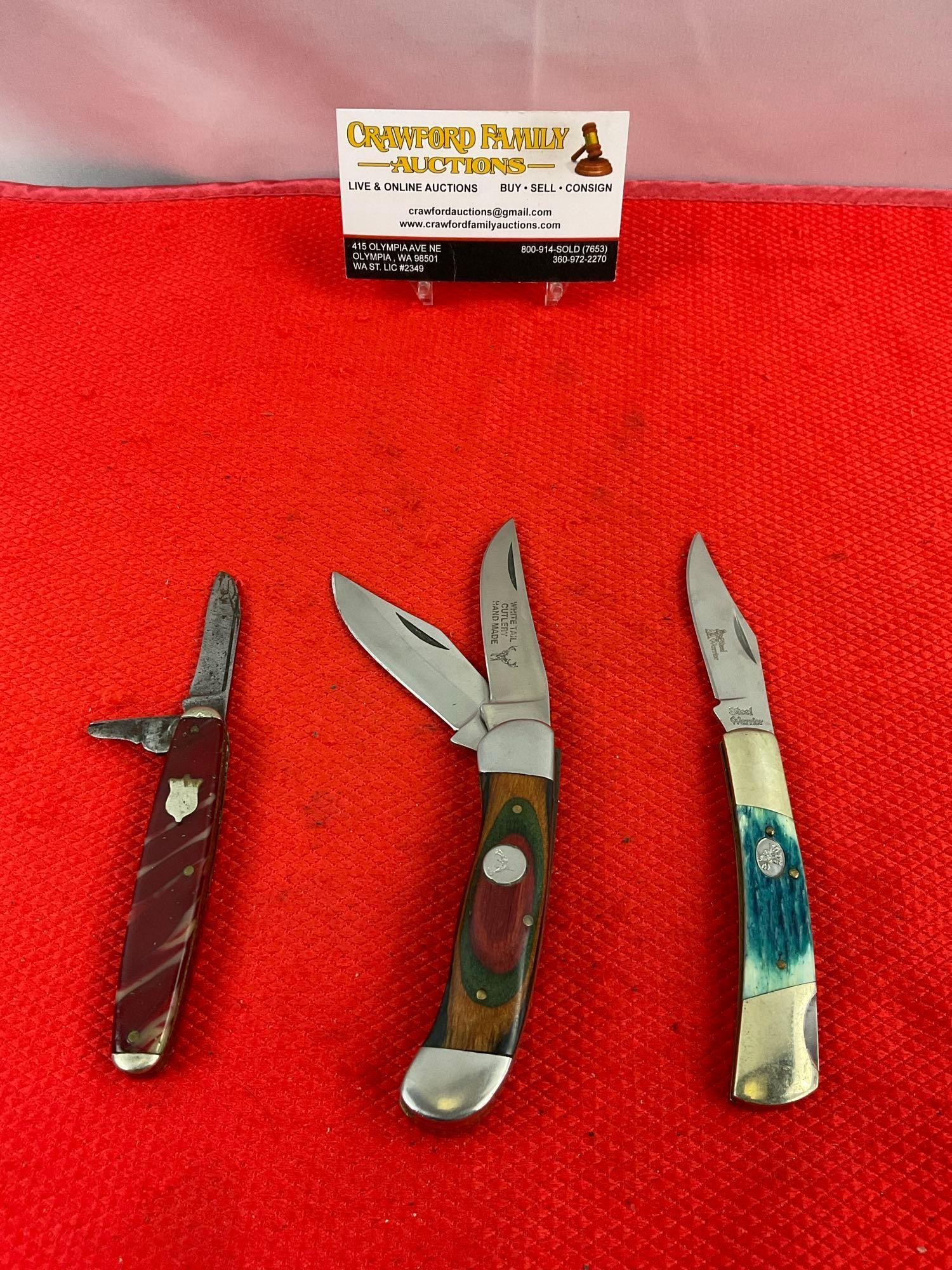 3 pcs Vintage Steel Folding Blade Pocket Knife Assortment. 1x White Tail, 1x Steel Warrior, 1x Ke...