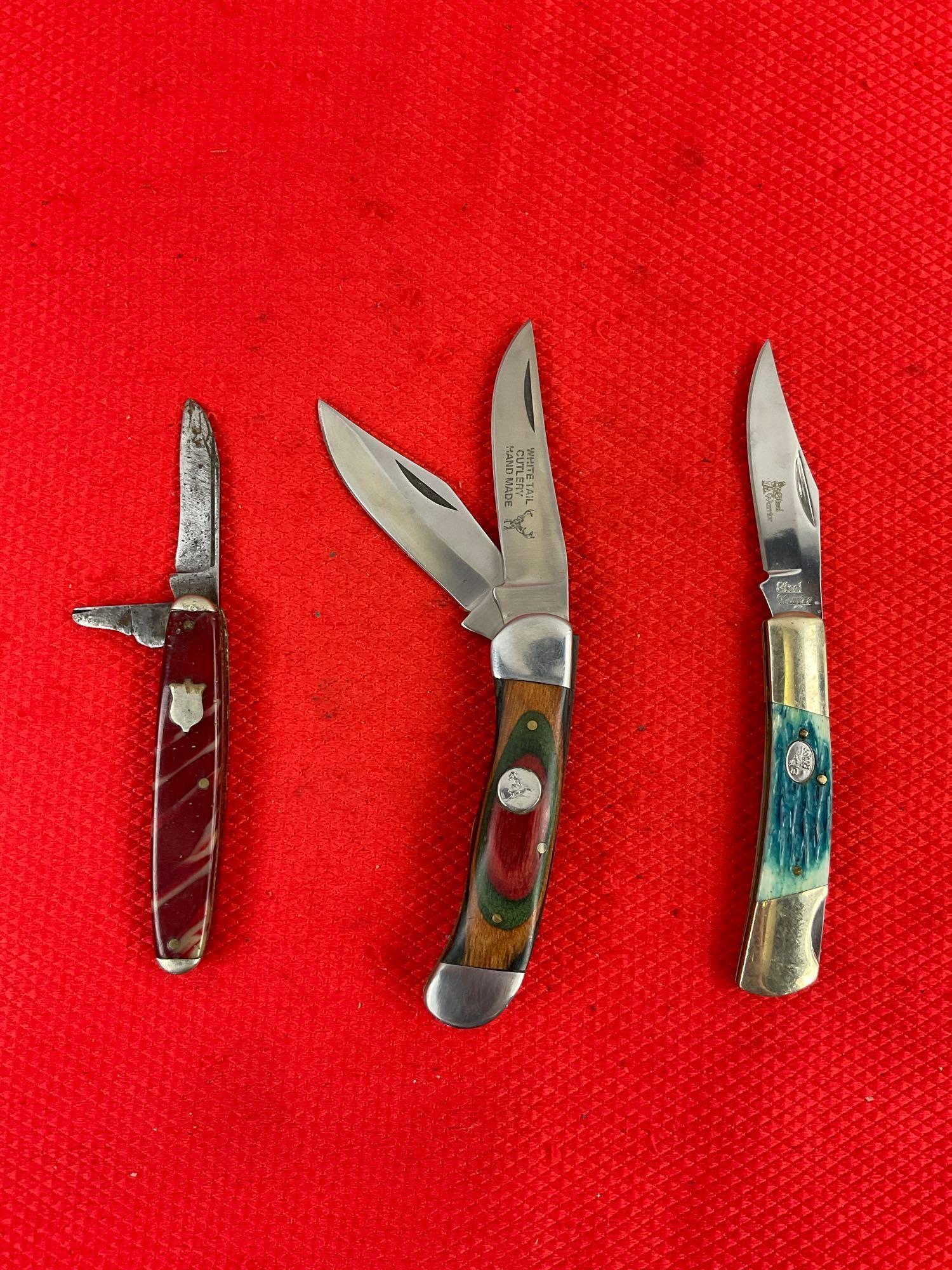 3 pcs Vintage Steel Folding Blade Pocket Knife Assortment. 1x White Tail, 1x Steel Warrior, 1x Ke...