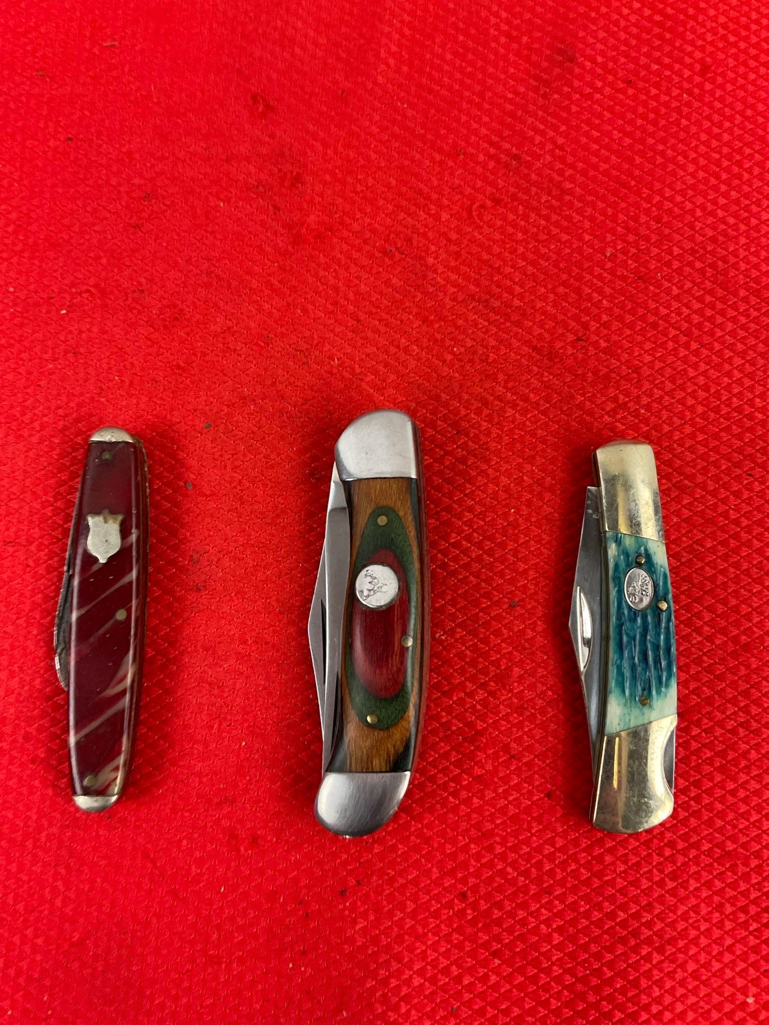 3 pcs Vintage Steel Folding Blade Pocket Knife Assortment. 1x White Tail, 1x Steel Warrior, 1x Ke...