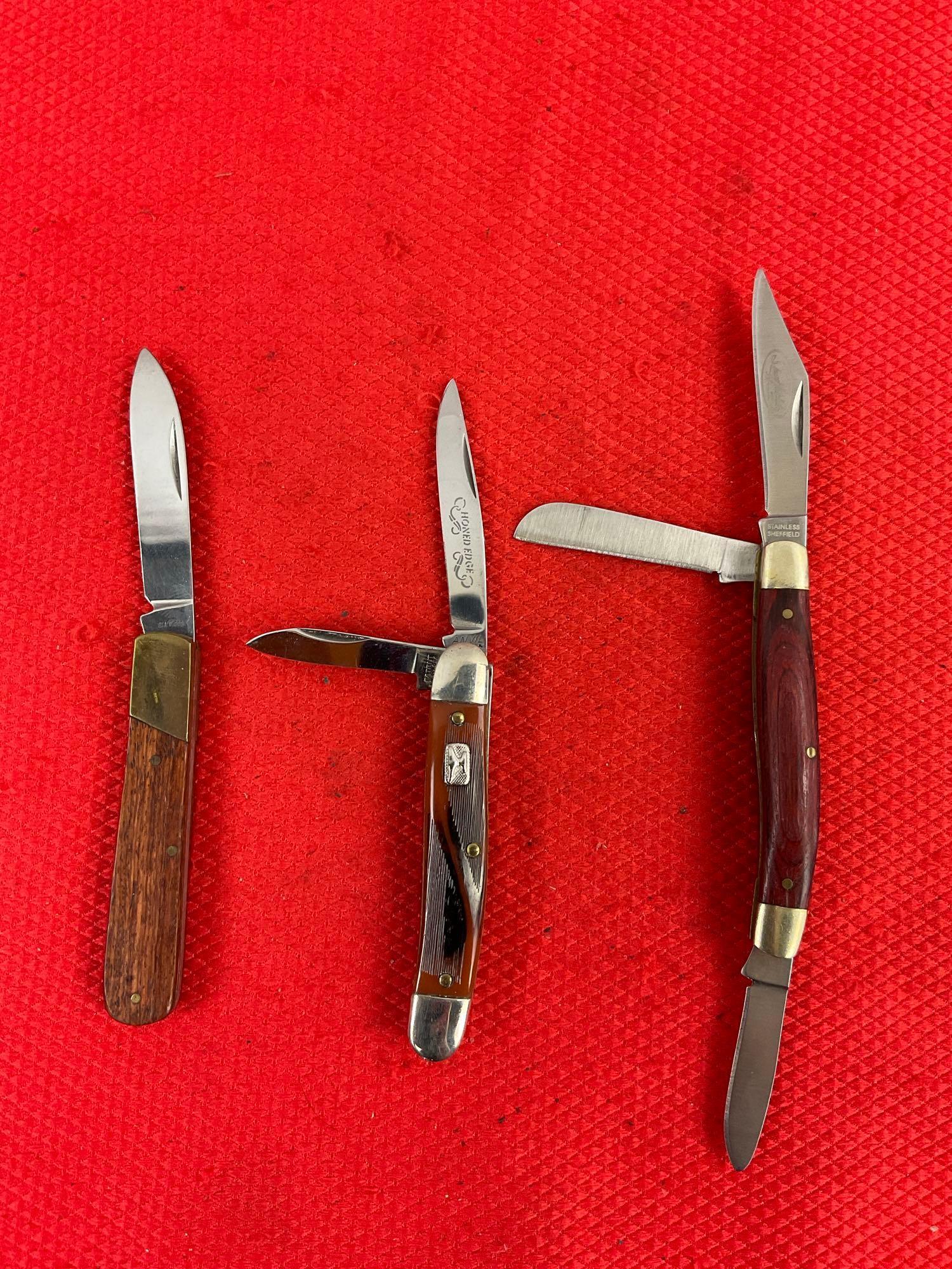 3 pcs Vintage Folding Blade Pocket Knife Assortment. 1x Anvil Honed Edge. 1x Sheffield. See pics.