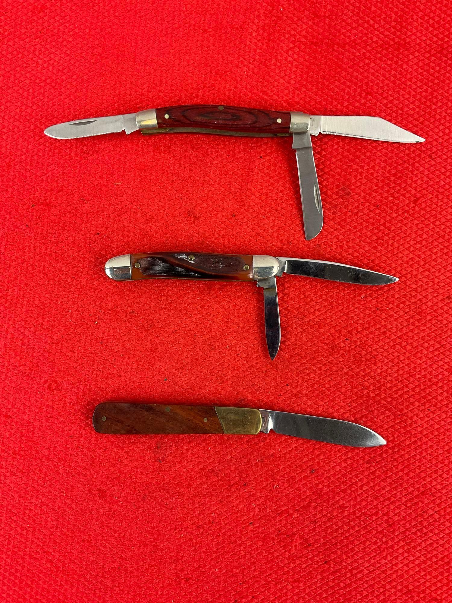 3 pcs Vintage Folding Blade Pocket Knife Assortment. 1x Anvil Honed Edge. 1x Sheffield. See pics.