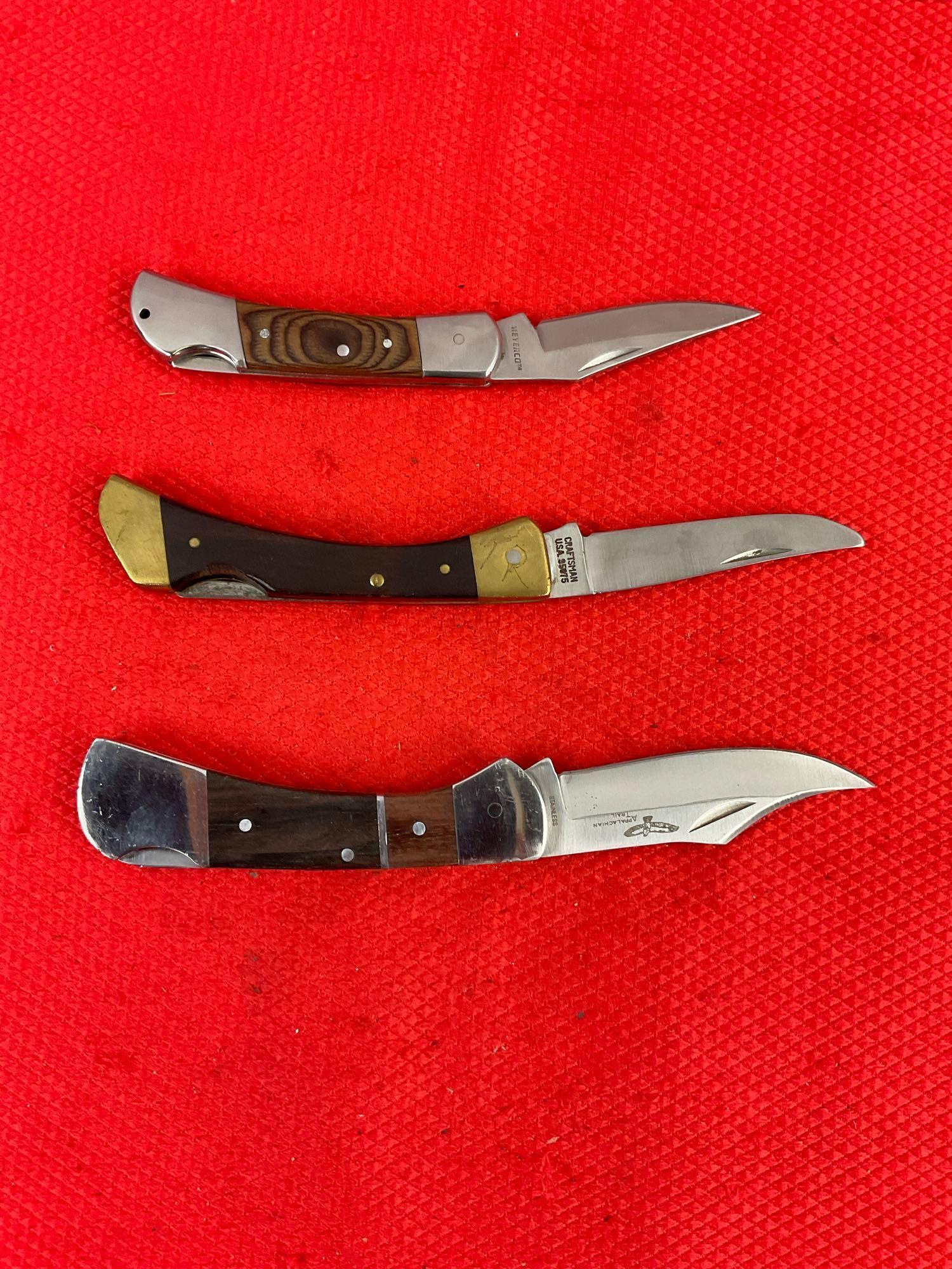 3 pcs Folding Blade Hunting Pocket Knives Assortment. 1x Appalachian Trail, 1x Craftsman, 1x