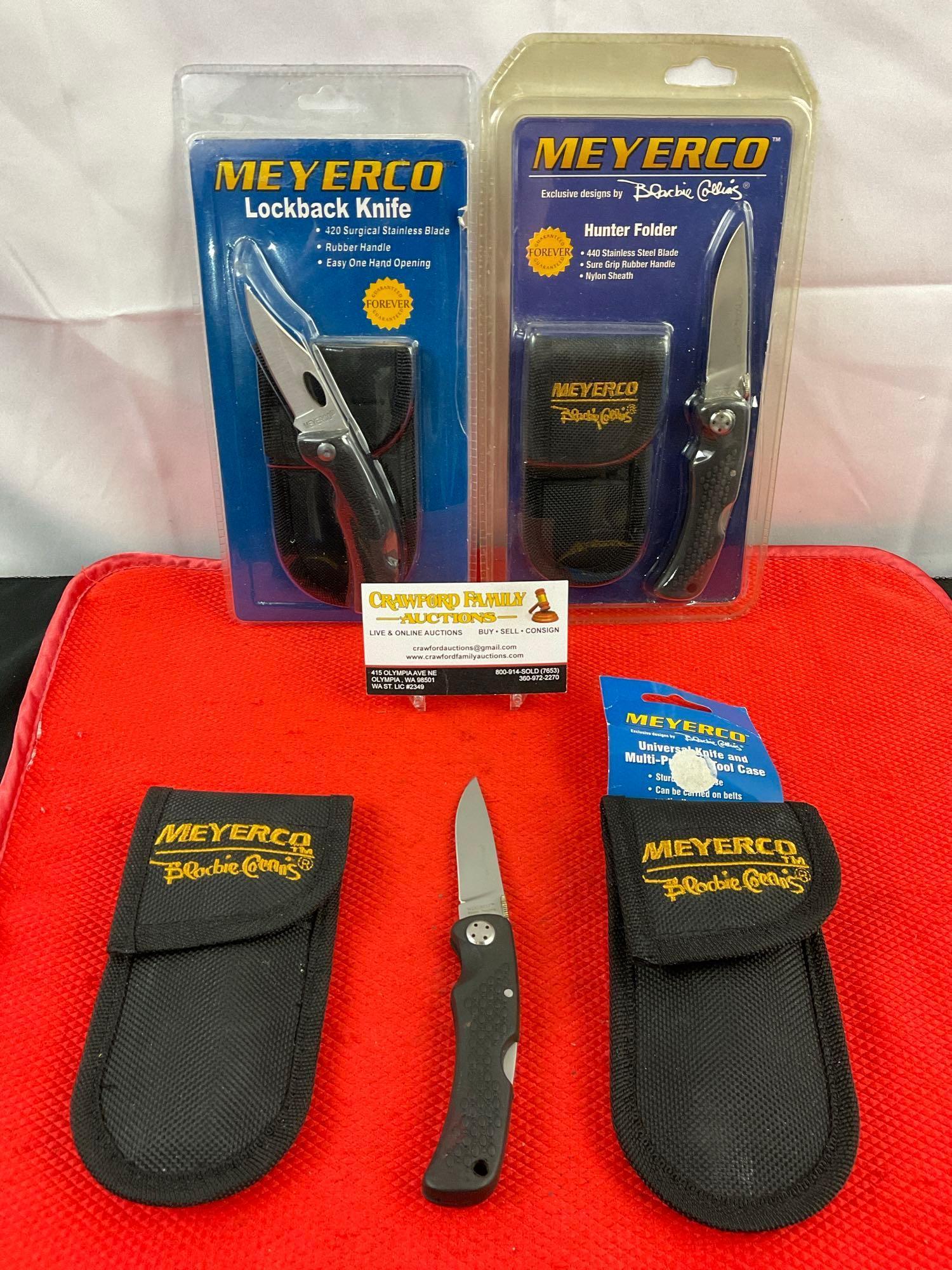 4 pcs MeyerCo Steel Folding Blade Hunting Pocket Knives Assortment. MBCAMP27, MARHSFK. NIB. See