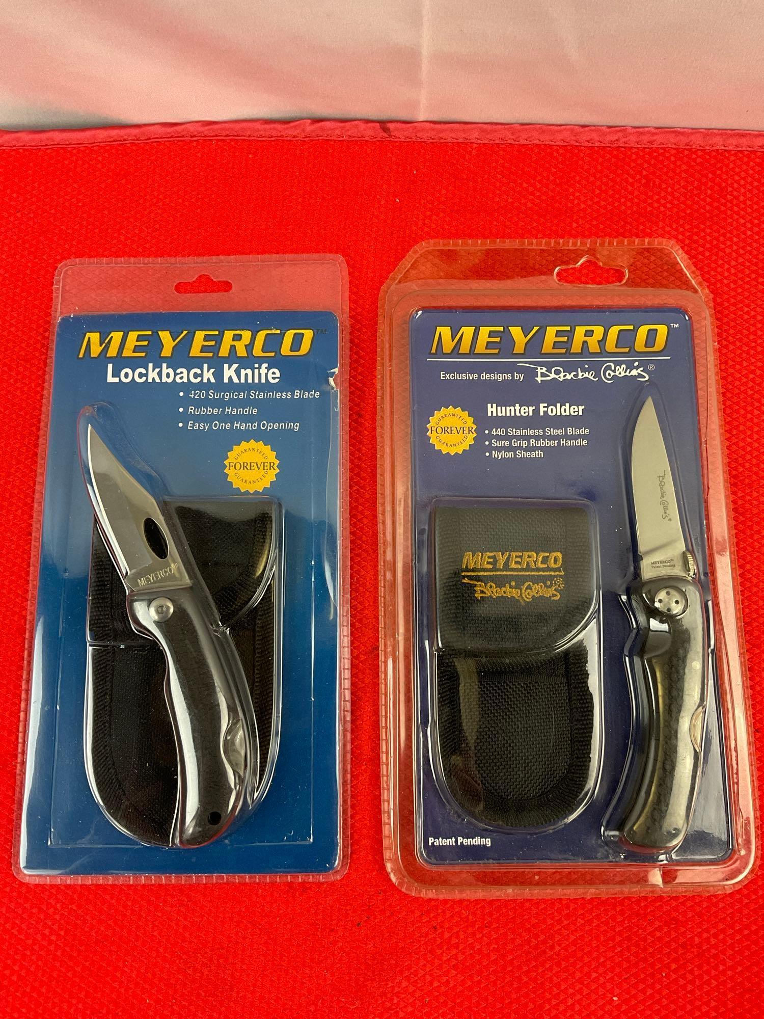 4 pcs MeyerCo Steel Folding Blade Hunting Pocket Knives Assortment. MBCAMP27, MARHSFK. NIB. See
