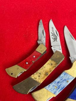 Collection of 5x Folding Blade Pocket Knives w/ Brass & Resin Handles - See pics