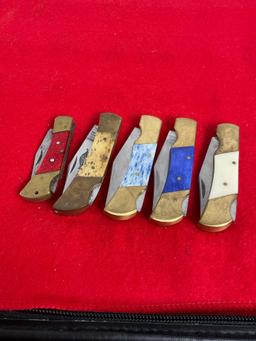 Collection of 5x Folding Blade Pocket Knives w/ Brass & Resin Handles - See pics