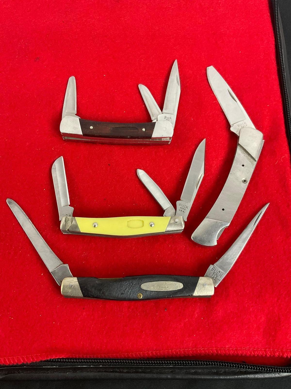 Collection of 4 Buck Folding Blade Pocket Knives Numbered - 703, 501+, 303, & 313.