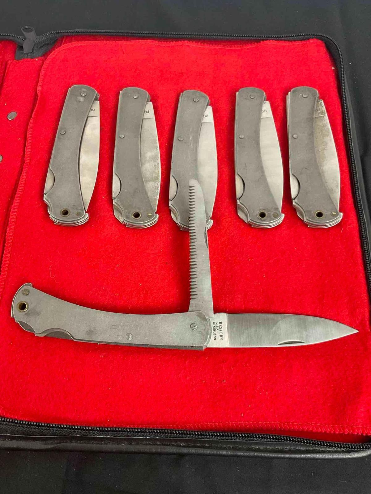 6x Western USA Unfinished Steel Dual Blade Knives - Serrated & Straight Edges - Roughly 4" Blades