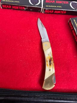 6x Bear Hunter Brass & Bone Handle Folding Pocket Knives - See pics