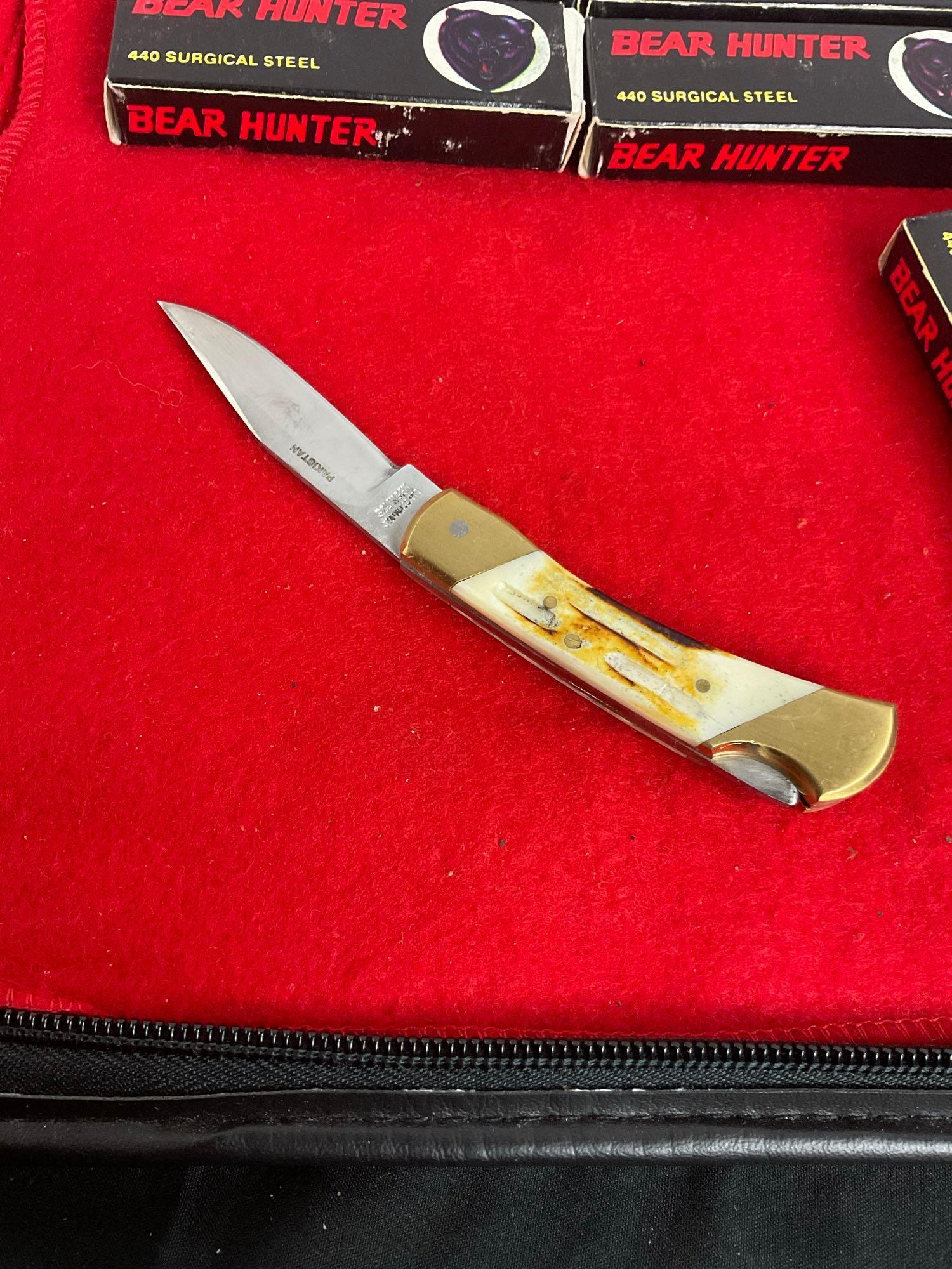 6x Bear Hunter Brass & Bone Handle Folding Pocket Knives - See pics